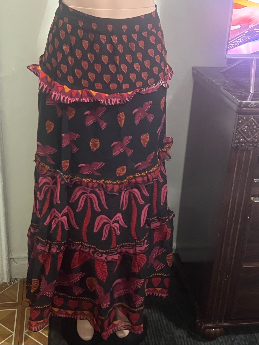 FARM RIO Women's Black & Pink Tiered Maxi Skirt - Picture 5 of 15